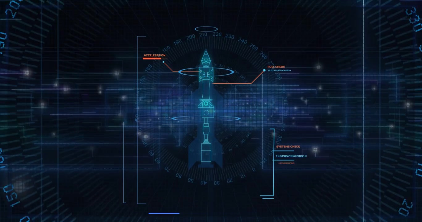 Aerospace HUD booting, assembling rocket wireframe while scanning rings for fuel check and thrust
