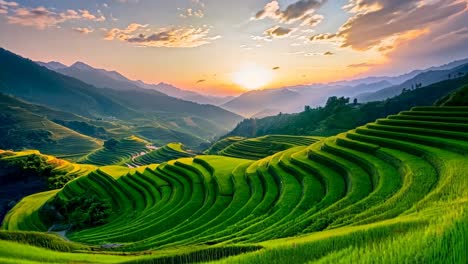 a view of a green rice field with mountains in the background