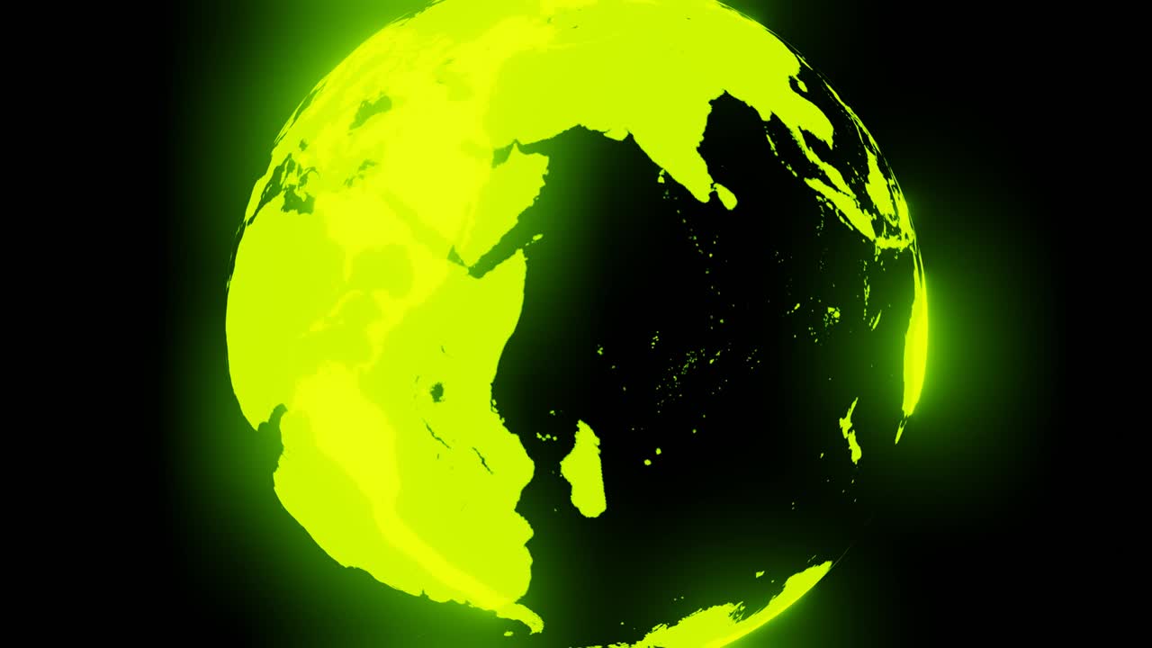 Green holographic globe on black background.