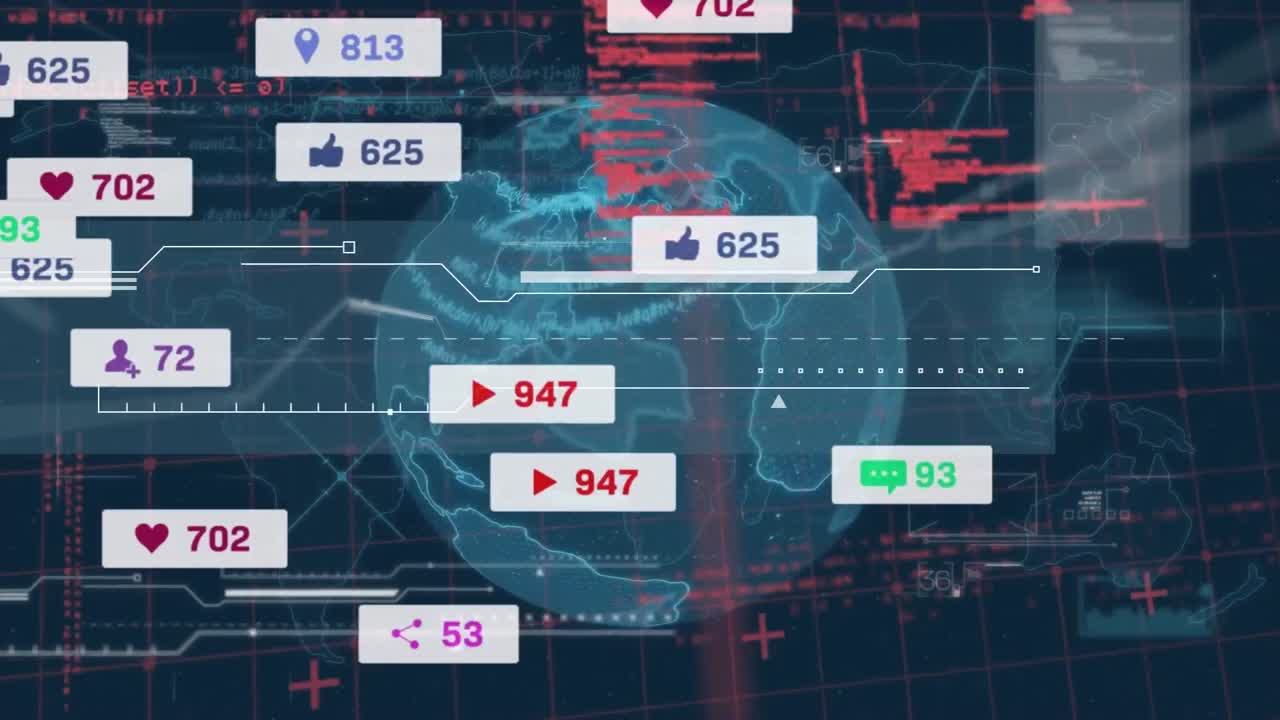 미디어 아이콘의 애니메이션 및 세계 지도 및 지구상의 데이터 처리