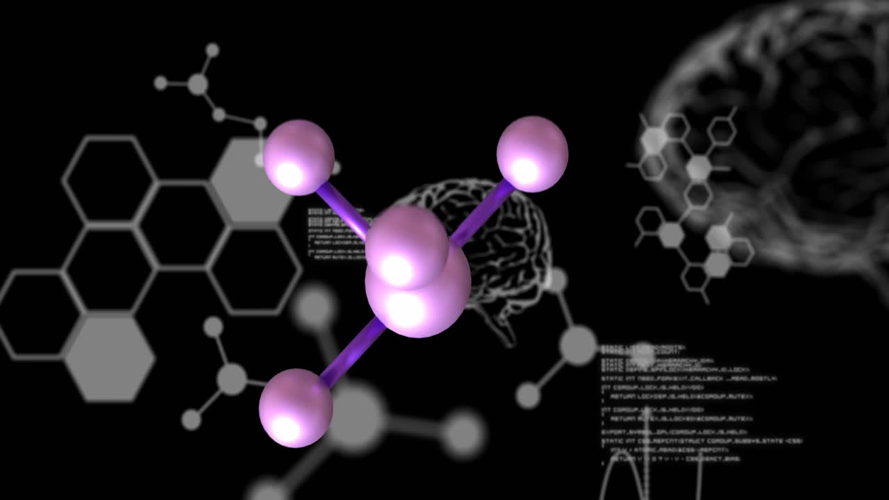 분자 및 뇌의 매크로의 애니메이션, 검은색 배경의 데이터 처리
