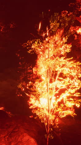 árbol en llamas por la noche