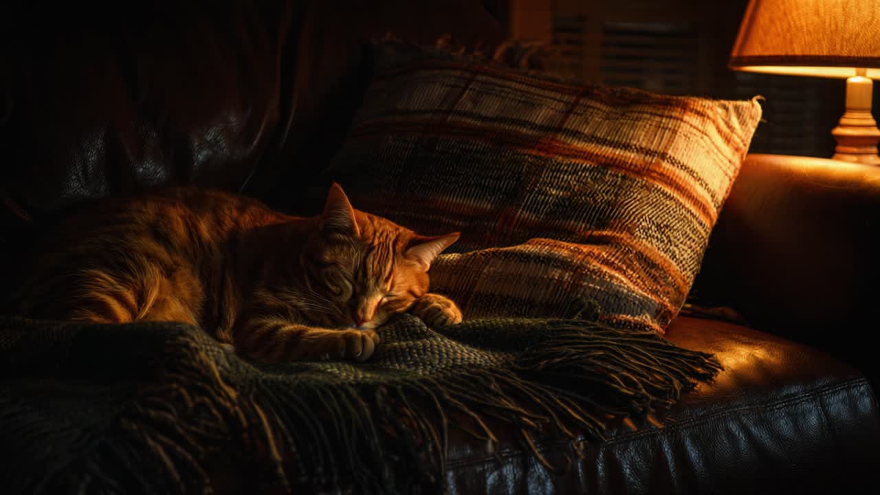 A Cozy Ginger Cat Nestled Comfortably on a Warm Blanket Surrounded by Dim Lighting, Exuding Relaxation and Contentment in a Home Environment