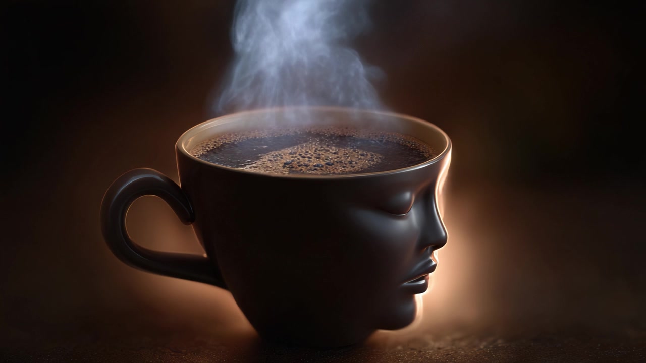 Una tazza di caffè mistica con un volto rilascia vapore aromatico, catturando i sensi e invitando alla riflessione in un ambiente caldo e poco illuminato