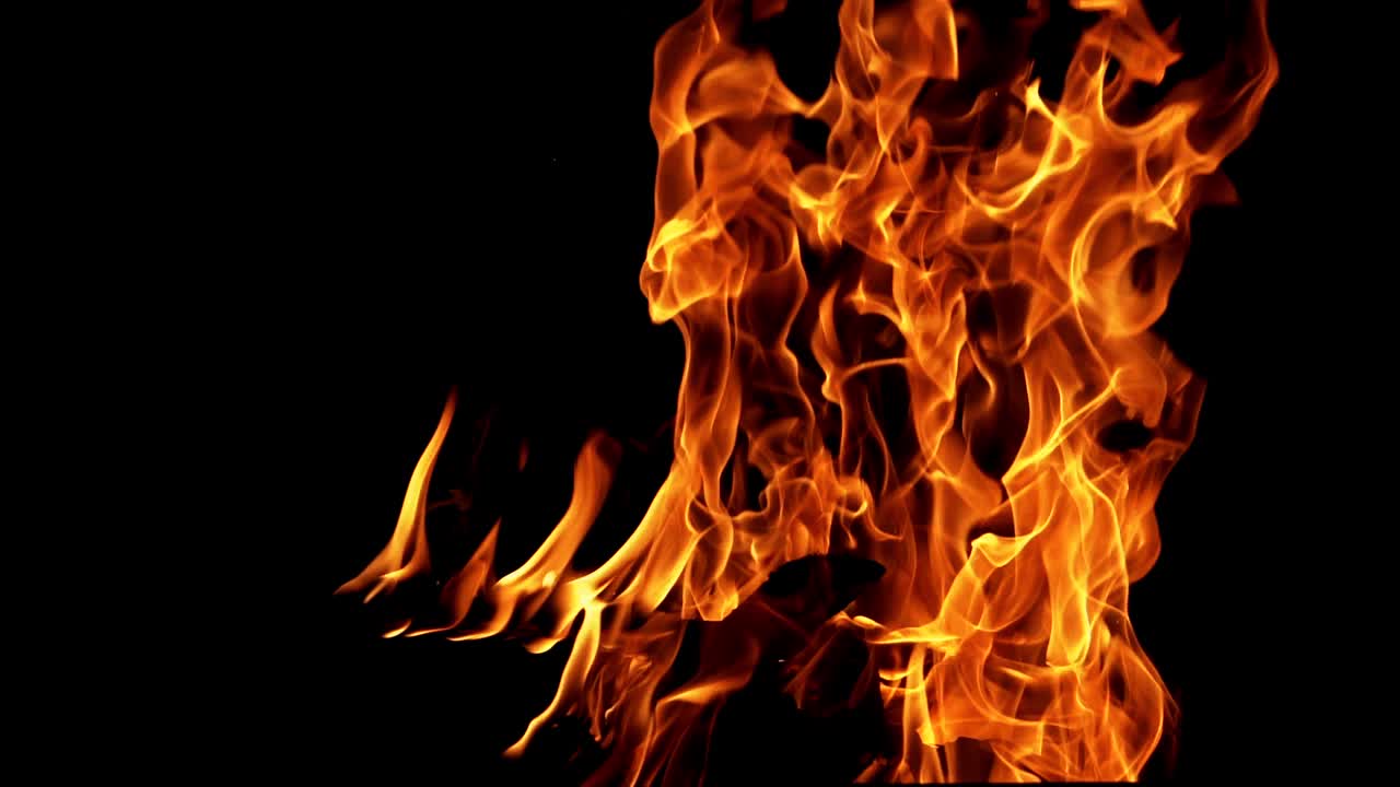 Campfire burning at night. Fire flame in slow motion. Concept of camping and active pastime.