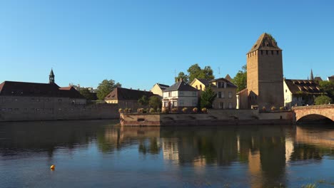 3 towers of the ponts couverts looking out onto the petite france make up a defensive work erected in the 13th century on the river ill in the city of strasbourg in france