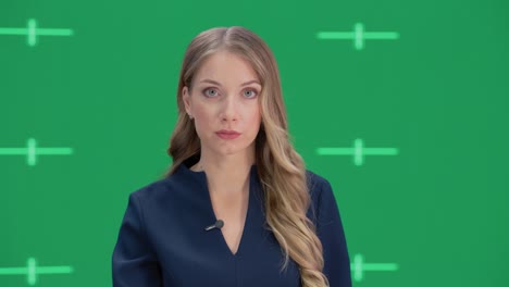 sala de noticias estudio de televisión programa de noticias en vivo con fondo de pantalla verde: presentadora femenina informando, hablando. presentadora de canal de cable de televisión. reproducción de maqueta de transmisión de red con marcadores de seguimiento
