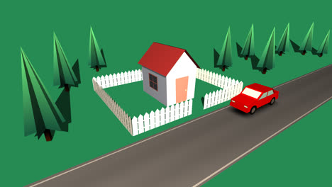 timelapse of quiet suburbs. aerial view of the calm neighborhood. small houses with red roofs. car parking near the buildings on a sunny day. the property separated from the street with a white fence.