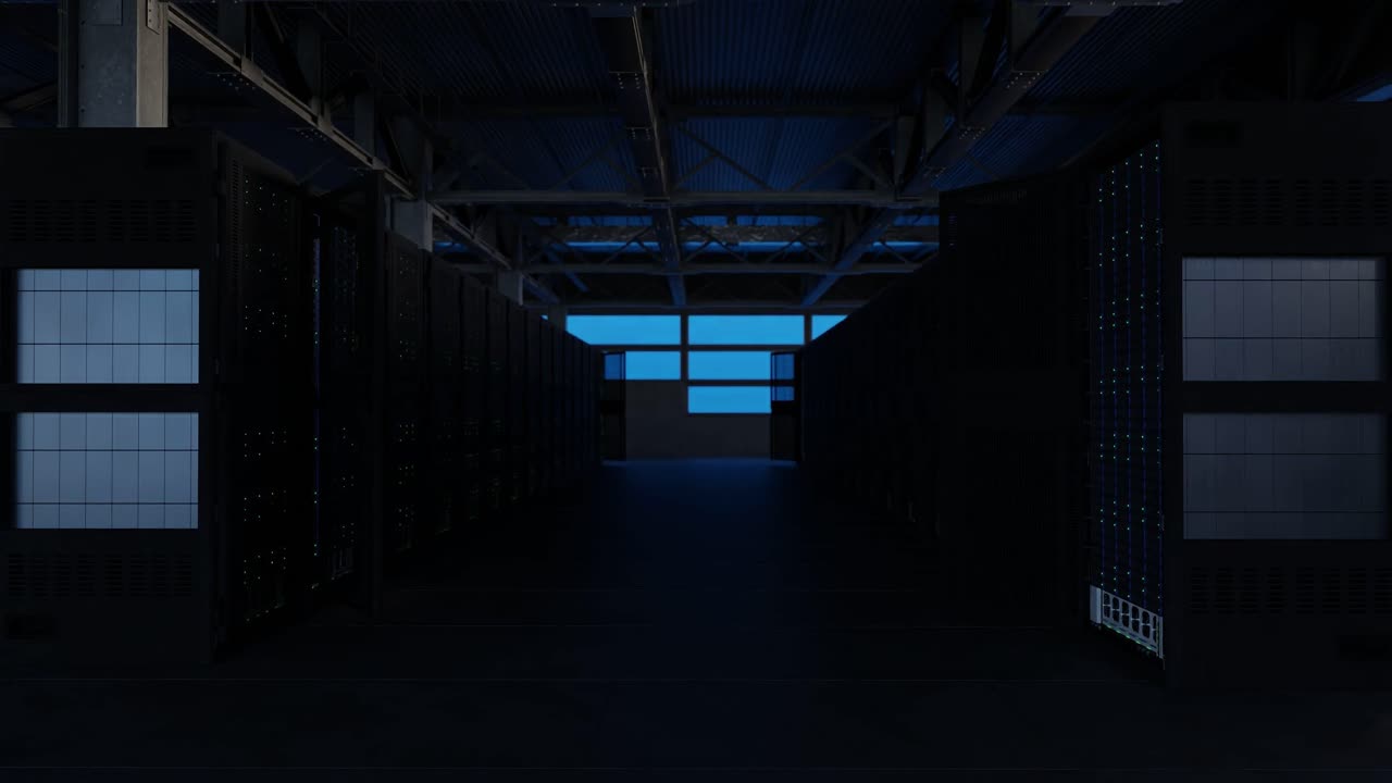 Symmetrical view of server aisle in modern data center with industrial ceiling and warm blue lighting. Rows of open and closed server cabinets line the corridor.