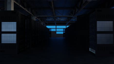 symmetrical view of server aisle in modern data center with industrial ceiling and warm blue lighting. rows of open and closed server cabinets line the corridor.