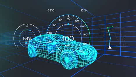 Animation-of-speedometer-over-electric-car-project-on-navy-background