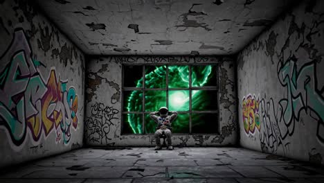 astronaut in abandoned room with abstract window