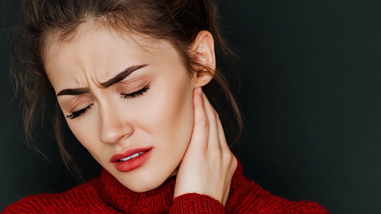 A Woman Expressing Discomfort and Pain, Grasping Her Neck in a Close-Up Shot, Highlighting Emotional Response and Physical Sensation Against a Dark Background