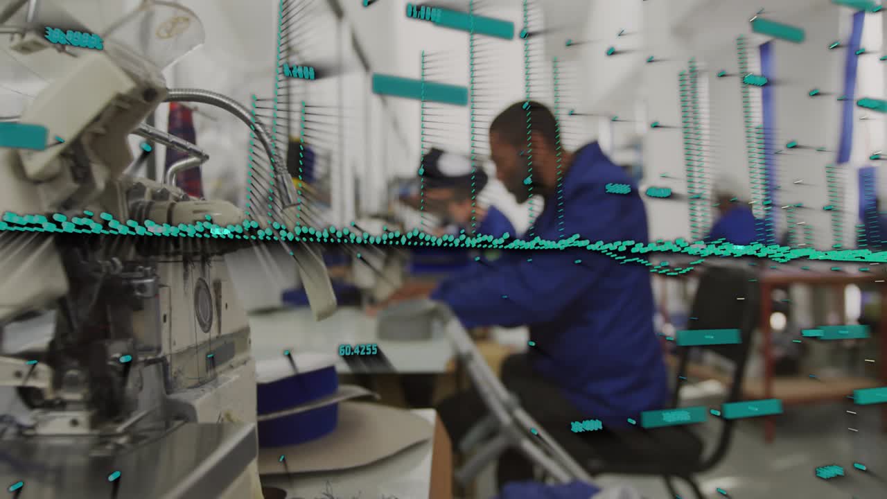 Male sewing operators guiding fabric for production, teal data bars emerging right, obscuring scene