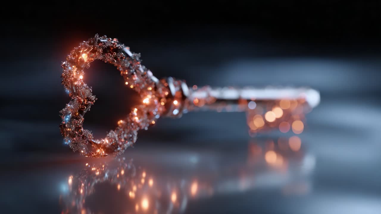 A Stunning Artistic Representation of a Heart-Shaped Key, Glittering with Lights, Set Against a Softly Blurred Background Evoking a Mysterious Atmosphere