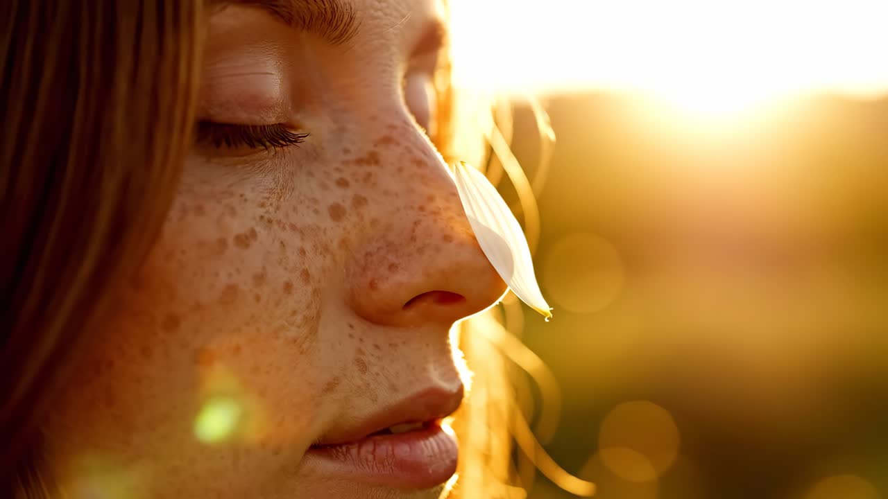 Close-up portrait of a woman with a flower petal on her nose
