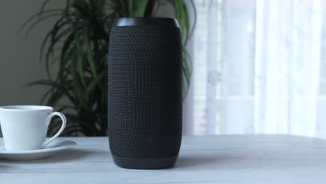 black portable bluetooth speaker on a table