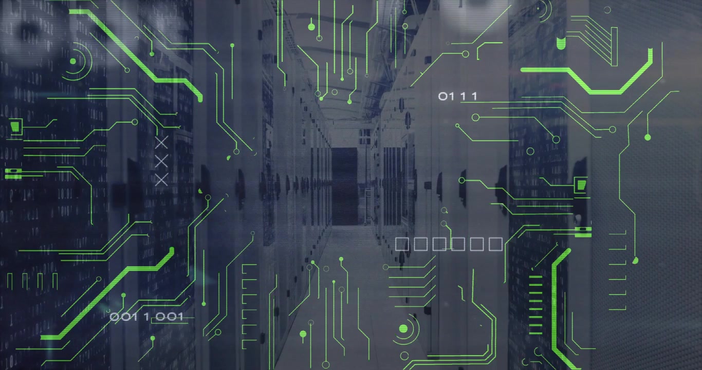 Green circuit patterns initiating at rack edges, converging into X and dissolving to show data flow