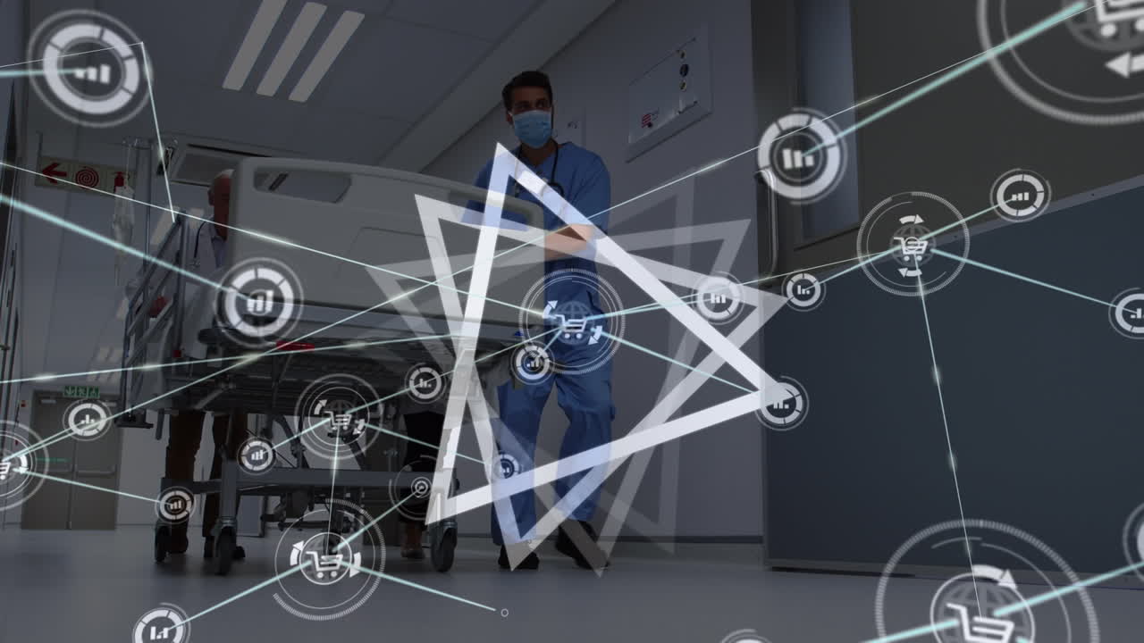 red de iconos digitales contra un equipo de trabajadores de la salud que apresuran a un paciente en la sala de operaciones