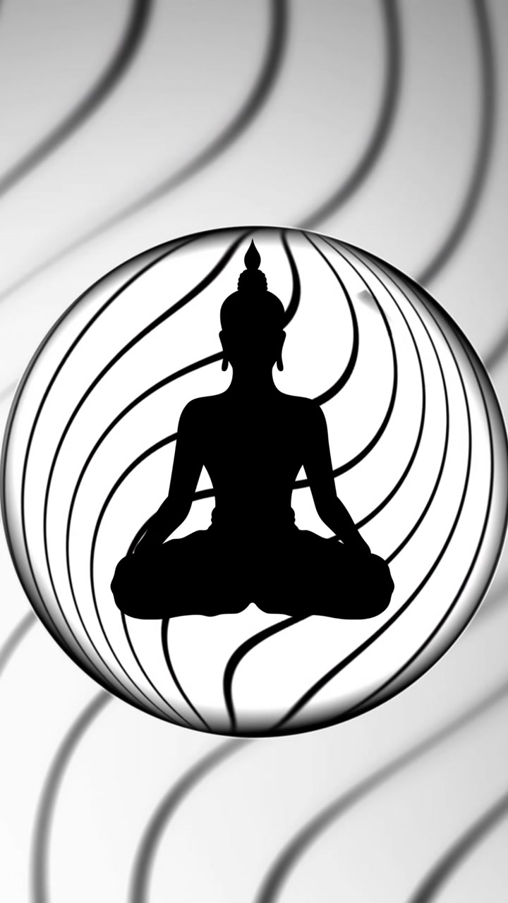Animazione di una figura di Buddha che medita su linee e cerchi neri su sfondo grigio.