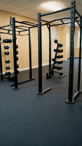 home gym with power rack and dumbbells