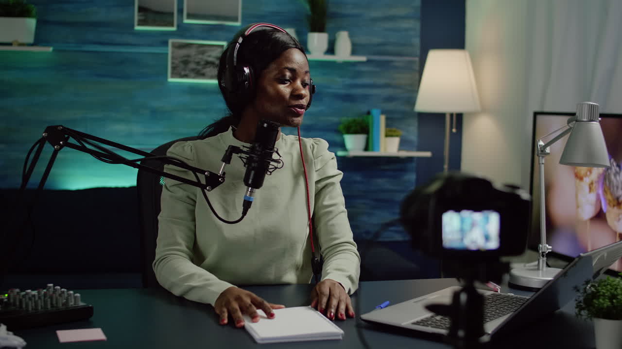 Black blogger influencer recording video blog concept waving and speaking
