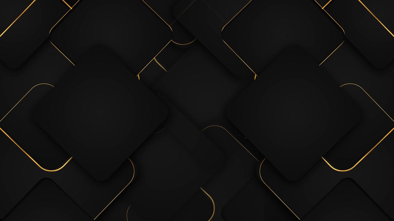 Overlapping black rounded squares with subtle shadows and fine gold edges create a refined geometric