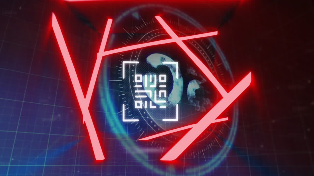 Animation of futuristic interface with red lines and QR code in circular design