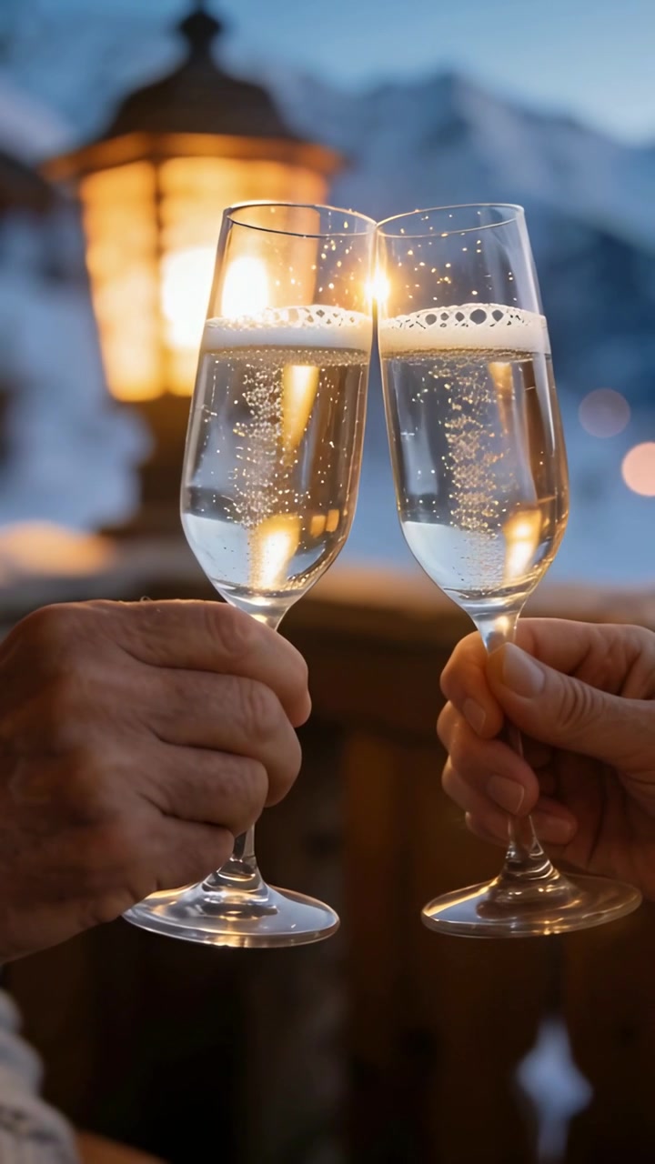 Vertical video: Entering two hands toasting champagne flutes on wood balcony, snowy peaks, sweater