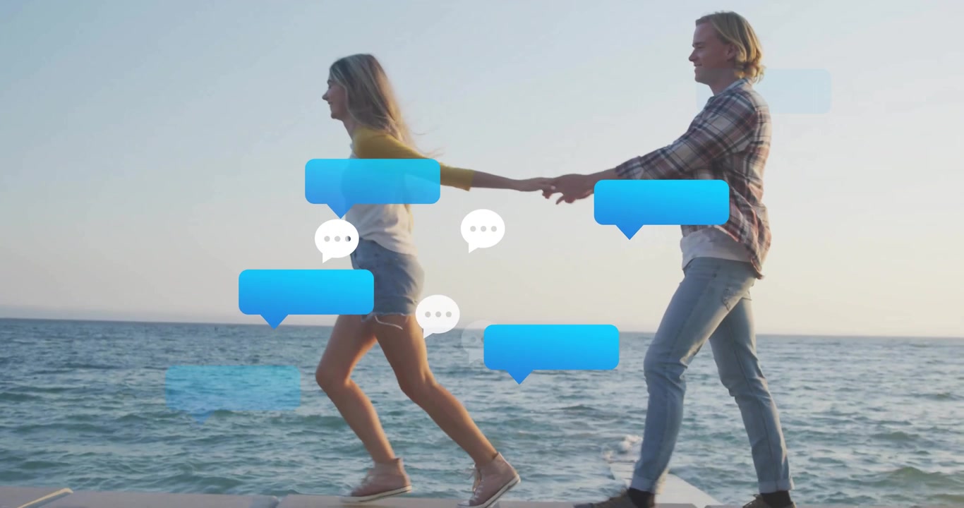 Paar hält Händchen, beginnt einen Spaziergang am Steg, lässt mobile Nachrichten-Symbole in Richtung Horizont erscheinen.