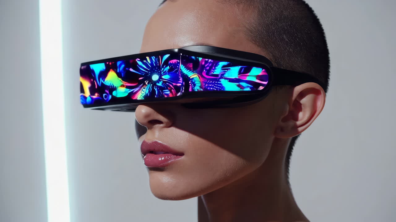 Person wearing futuristic VR headset with colorful abstract display