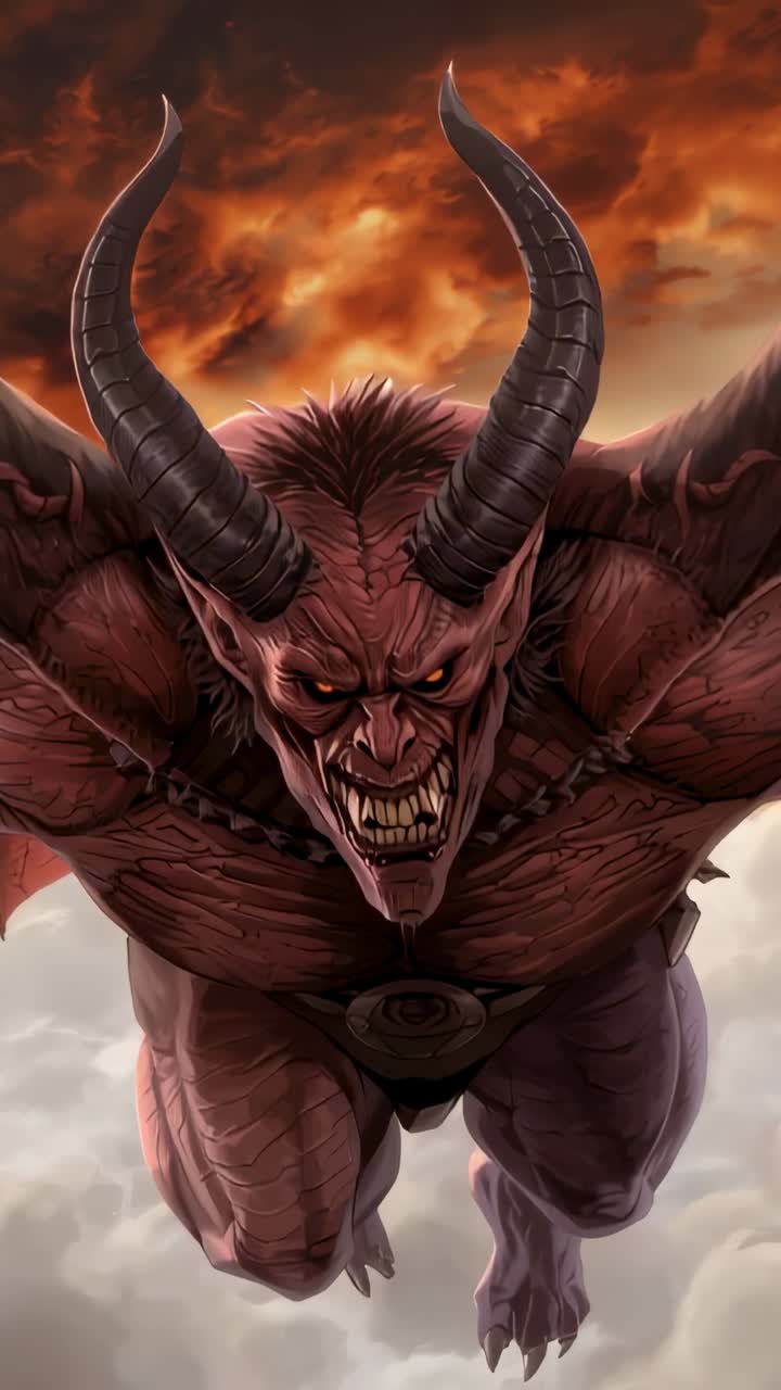 Vertical video: Bursting through cloud, horned red demon flapping wings above fiery sky, roaring