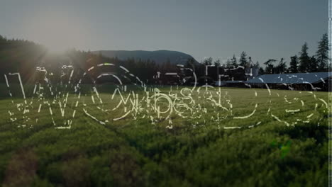 animation of the word vibes in white distorting over sunlit countryside with lens flare