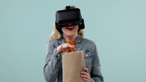 virtual reality, woman and popcorn