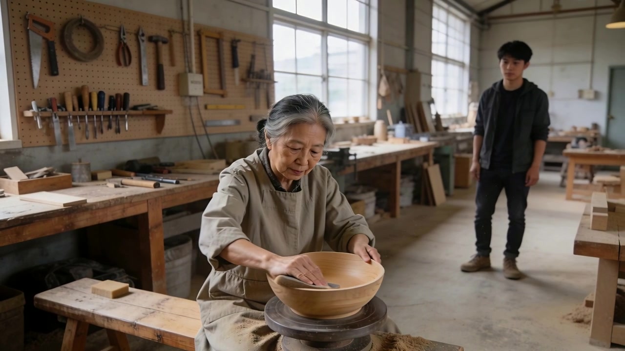 Inspecting bowl, senior Asian woman in beige smock sanding with pad at lathe in workshop, finishing