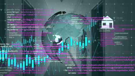 Animation-of-globe,-data-processing-over-computer-servers