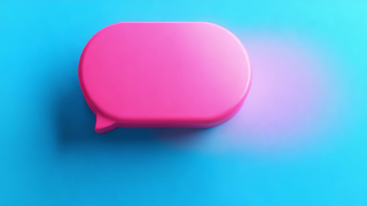 A vibrant pink speech bubble icon set against a striking blue background, symbolizing communication and expression in modern digital interaction