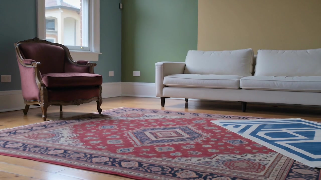 Kamera beginnt nach rechts und unten zu schwenken im Wohnzimmer, enthüllt roten Teppich, Sofa, blau-weiße Matte.
