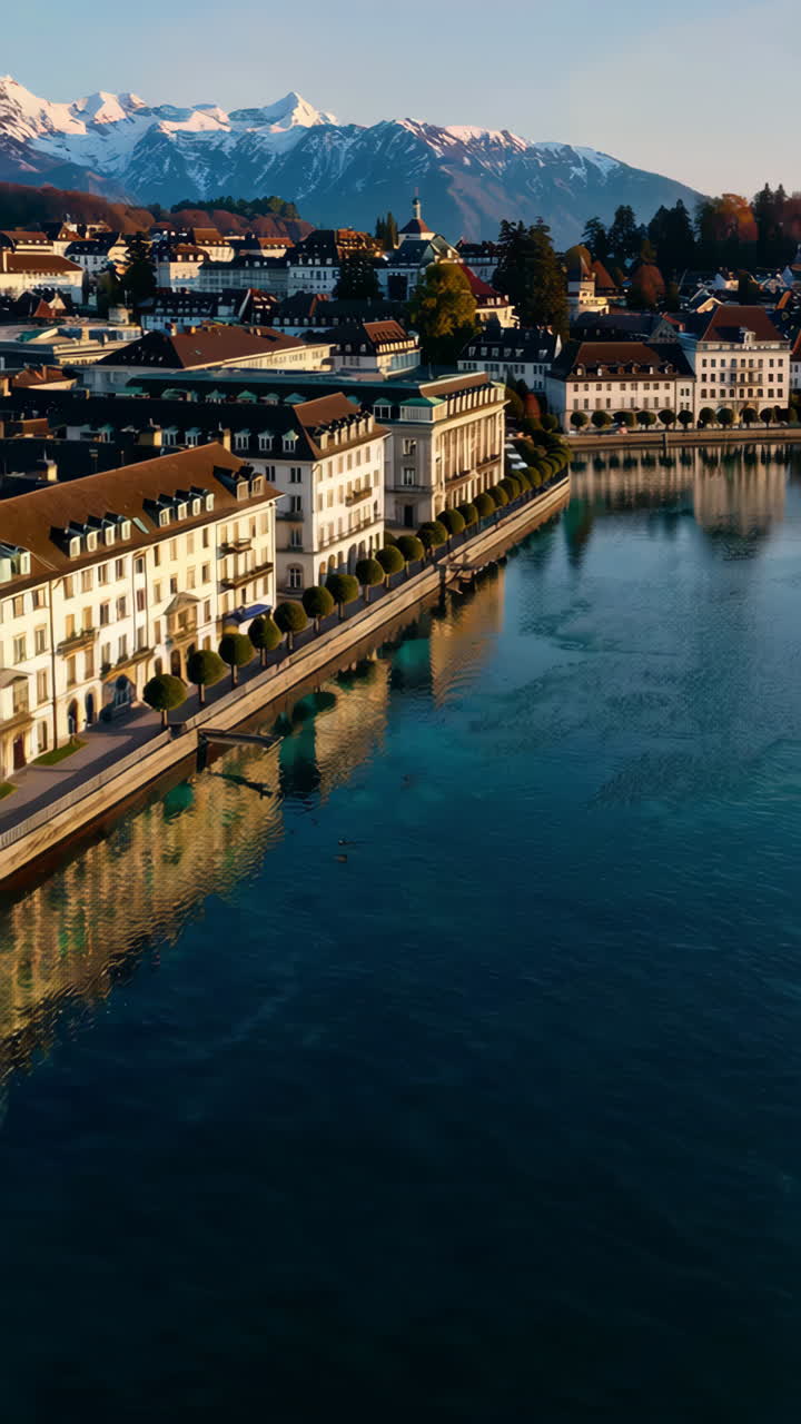 Beautiful Swiss City with Mountains and Lake