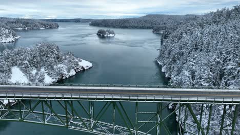 aerial view of an empty bridge with snow covering the surrounding area