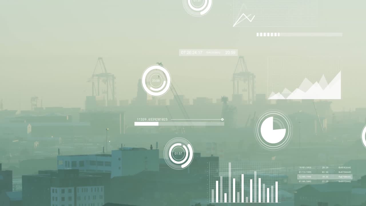 Animation of graphs, loading bars and circles over aerial view of modern buildings against sky