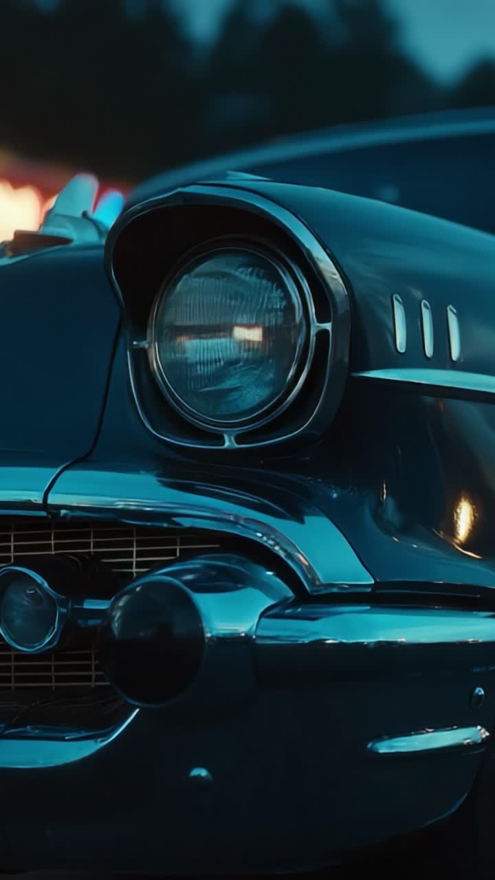 Un’elegante automobile d’epoca immortalata in modo incredibilmente dettagliato, che mette in risalto le sue caratteristiche classiche e il suo design nostalgico con un radioso faro che illumina la scena