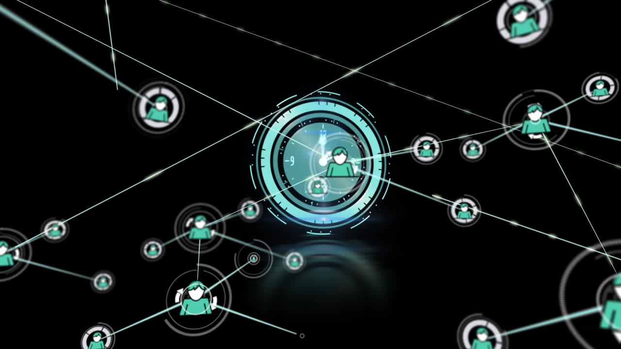 animación de la red de iconos de perfil sobre un reloj de neón contra un fondo negro