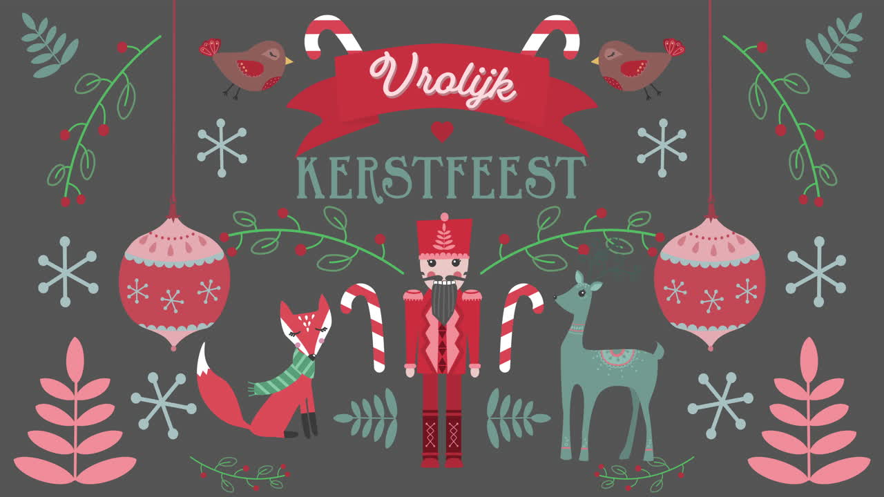Animation of Vrolijk Kerfees words with animals on Christmas decorations background
