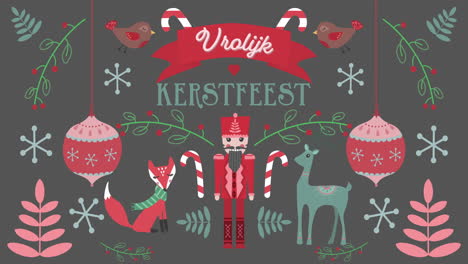animation of vrolijk kerfees words with animals on christmas decorations background