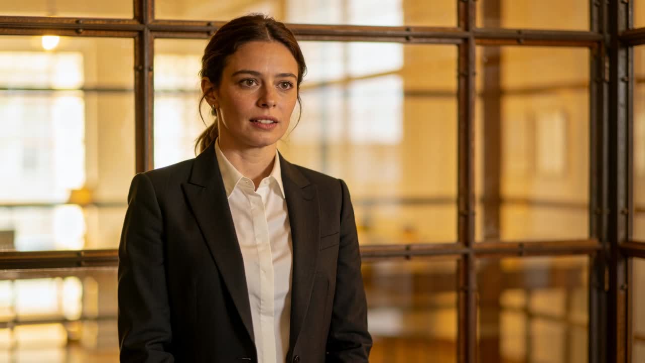 Donna in blazer che risponde parlando a un'indicazione fuori campo, in ufficio vicino a una parete divisoria in vetro.
