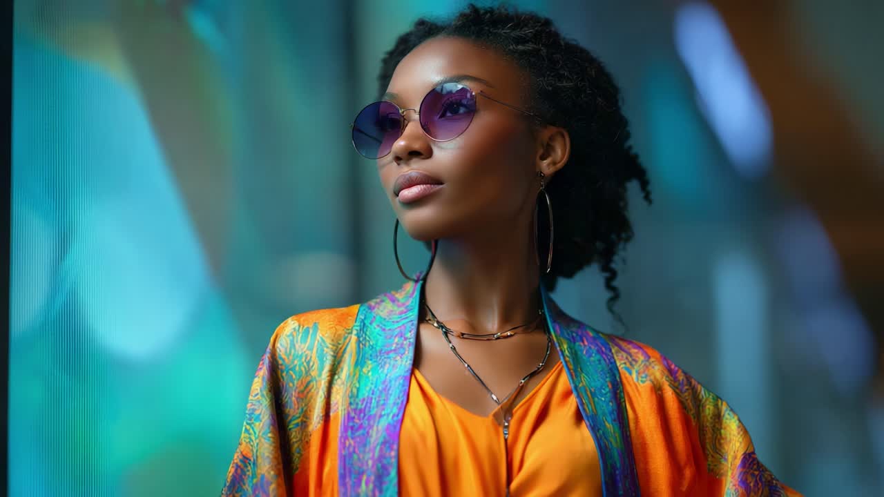 Modella elegante e sicura di sé che posa in modo raffinato con abbigliamento alla moda dai colori vivaci su uno sfondo leggermente illuminato con riflessi colorati