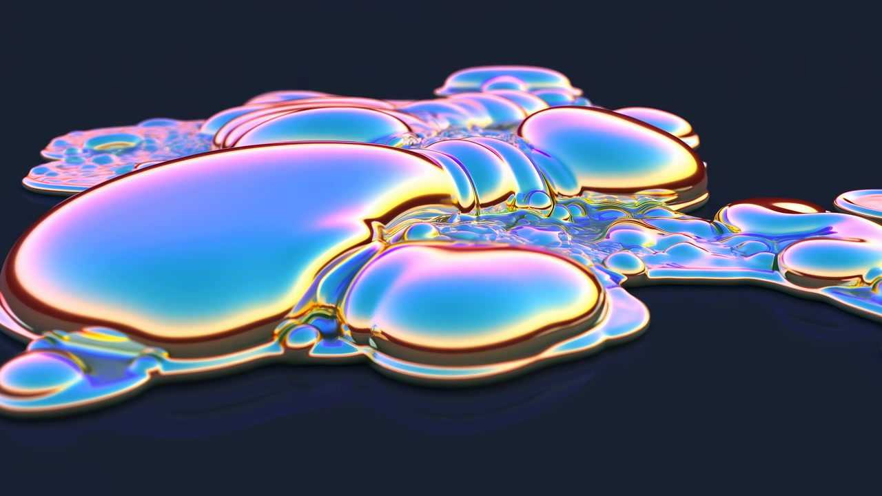Iridescent Oil Droplets On Dark Surface, Cinematic Macro Closeup Showing Shimmering Rainbow Reflections