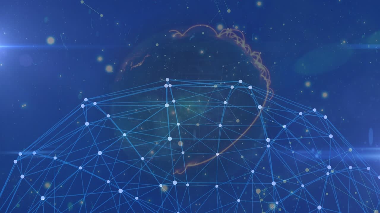 Animation of diverse shapes and globe over network of connections on blue background