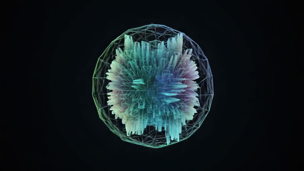 Intricate Geometric Visualization of an Abstract Spherical Structure Evolving Over Time, Showcasing Complex Patterns and Vibrant Colors Against a Dark Background